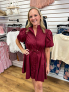 Burgundy Button Up Dress with Drawstring Waist - A'Bekah's Boutique