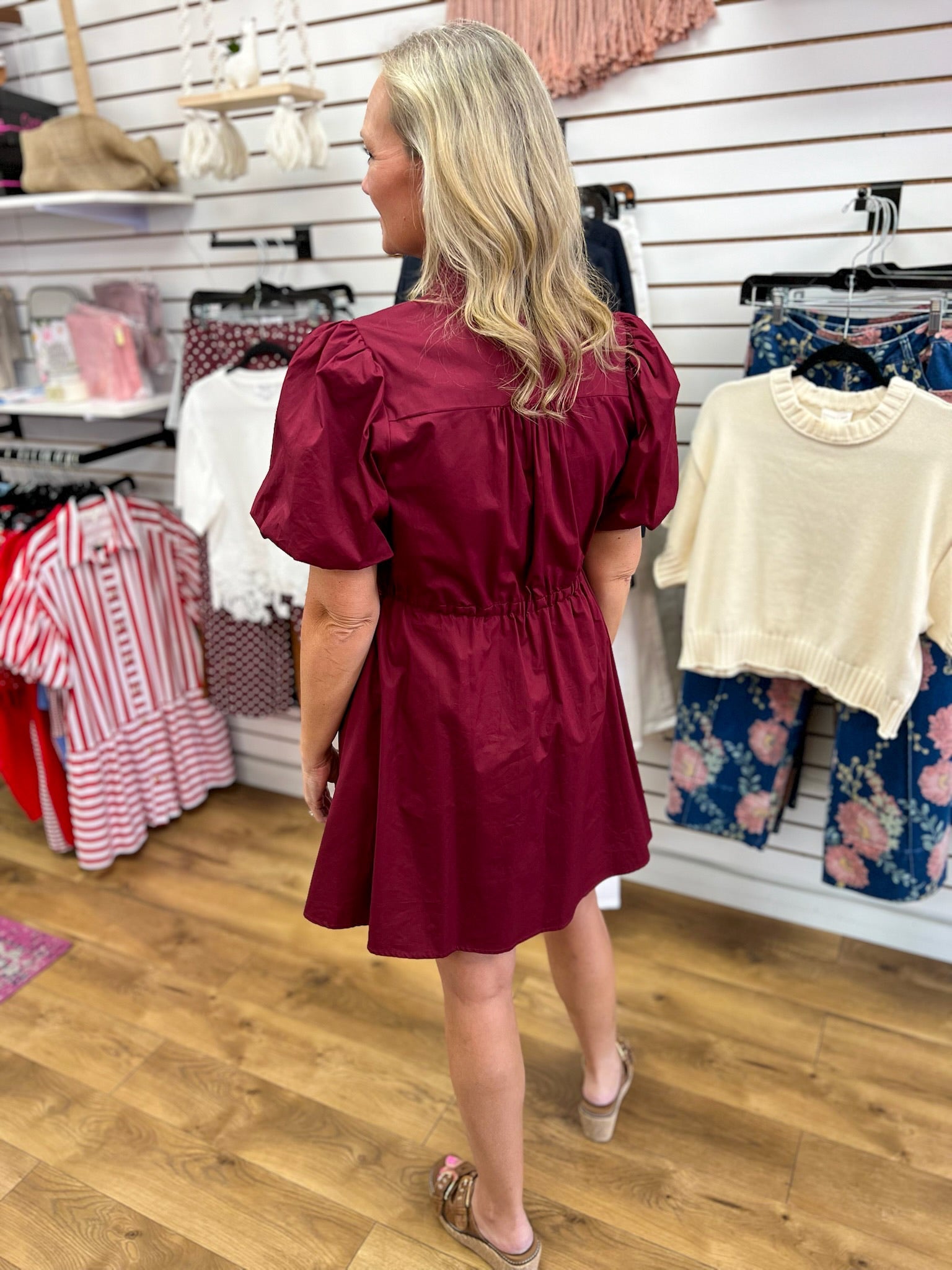 Burgundy Button Up Dress with Drawstring Waist - A'Bekah's Boutique