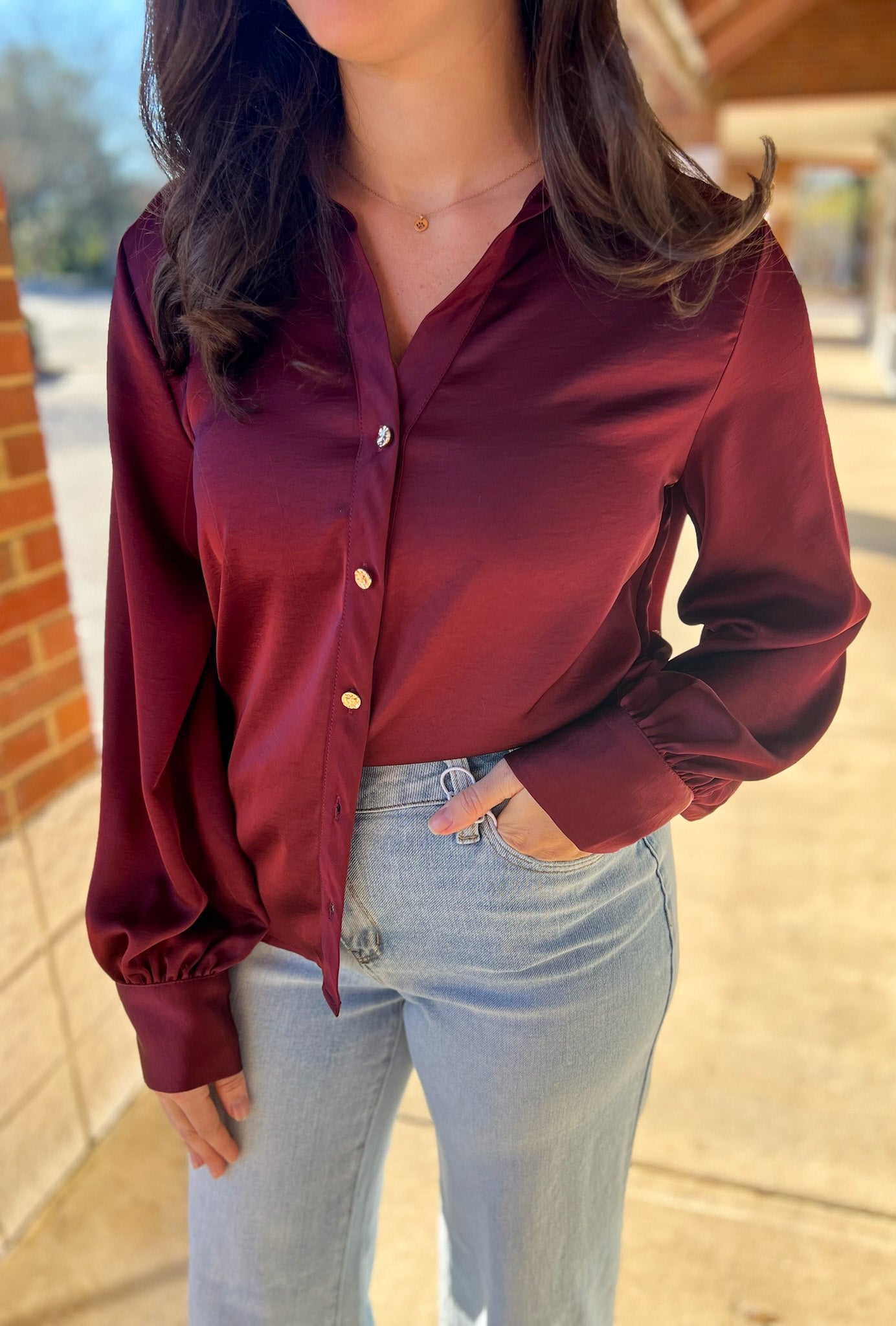 Burgundy Button Up Long Sleeve Top - A'Bekah's Boutique