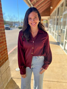 Burgundy Button Up Long Sleeve Top - A'Bekah's Boutique