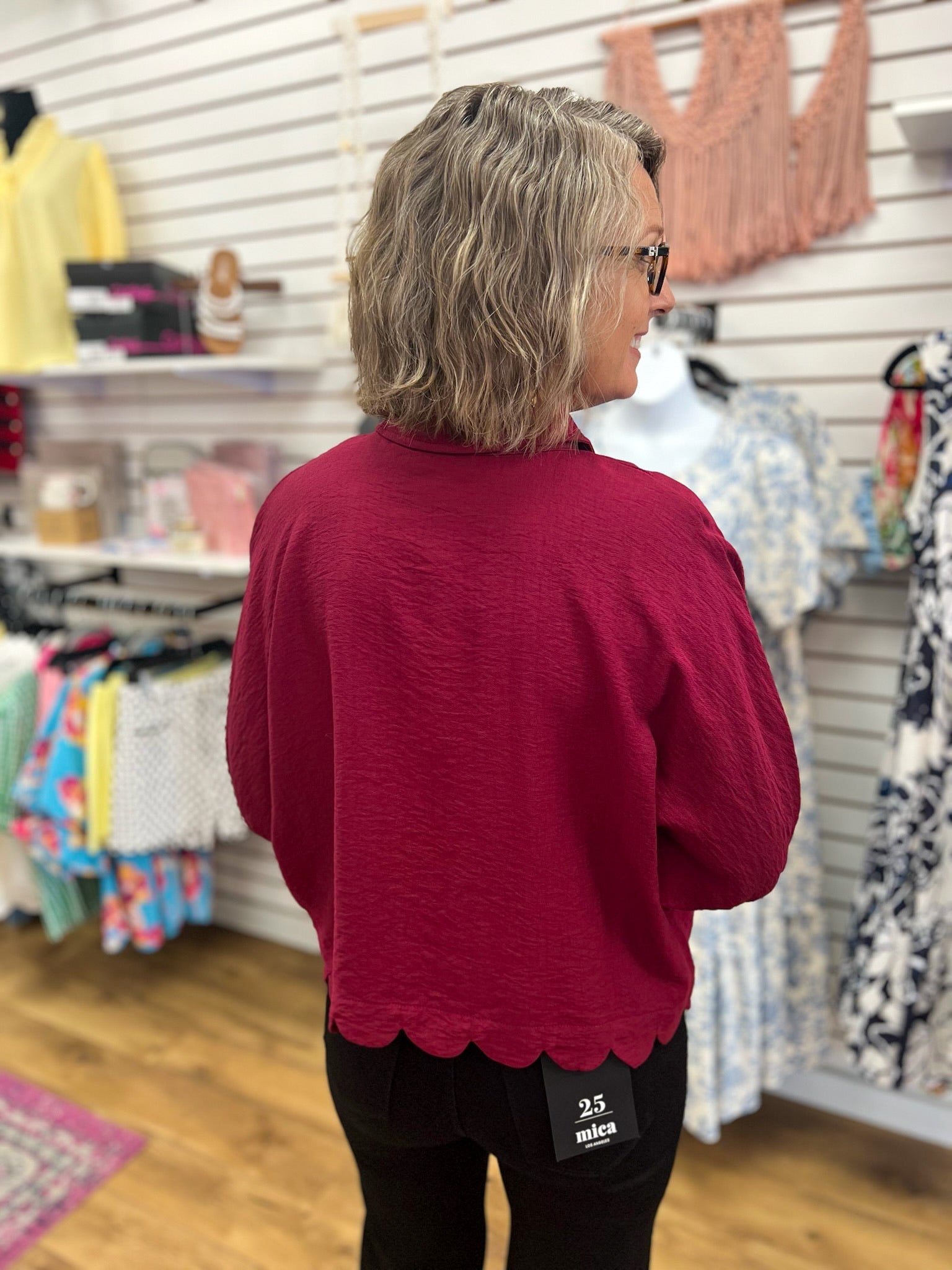 Burgundy Button Up Top with Scalloped Hem - A'Bekah's Boutique