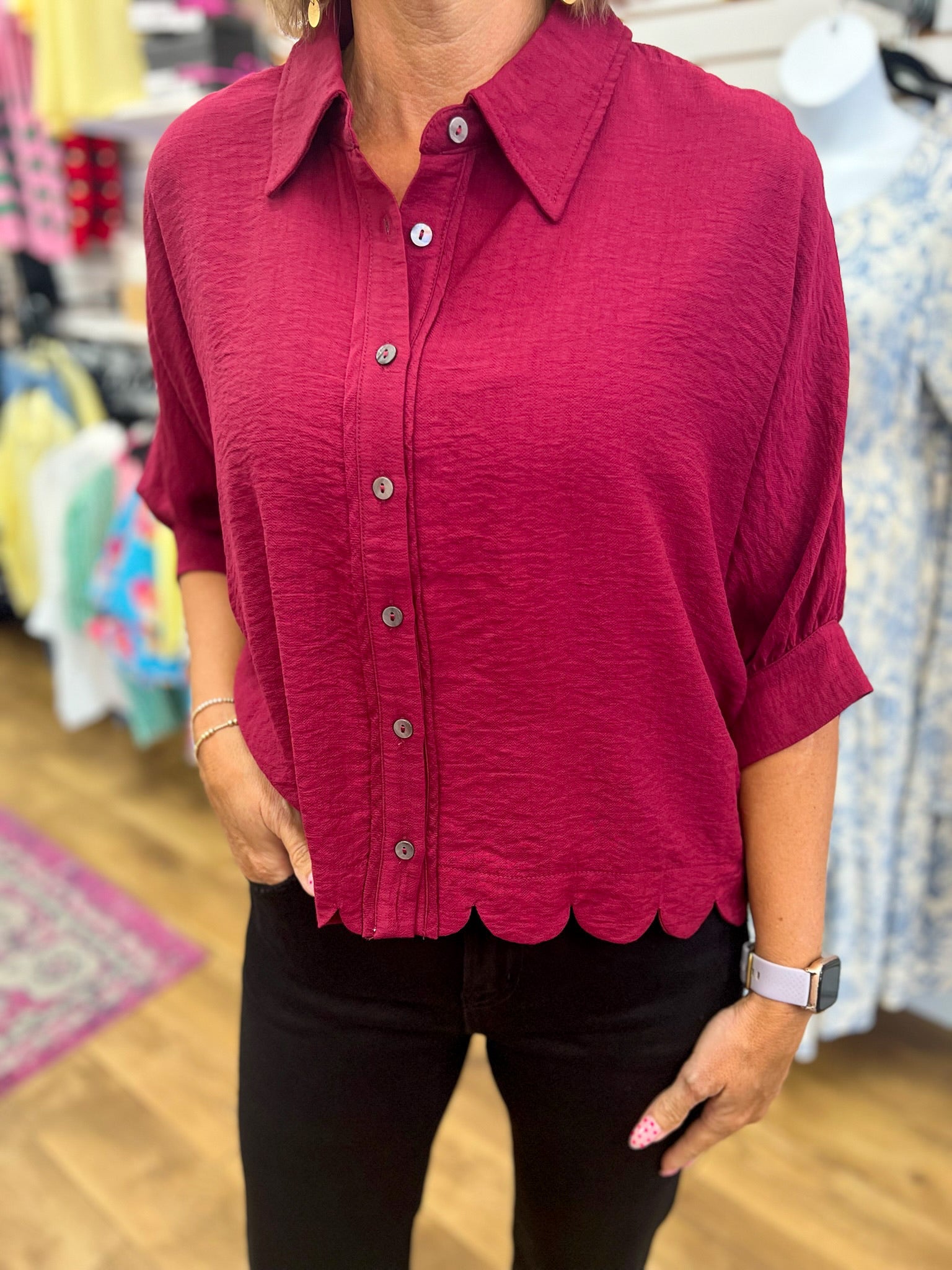 Burgundy Button Up Top with Scalloped Hem - A'Bekah's Boutique