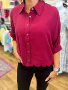 Burgundy Button Up Top with Scalloped Hem - A'Bekah's Boutique