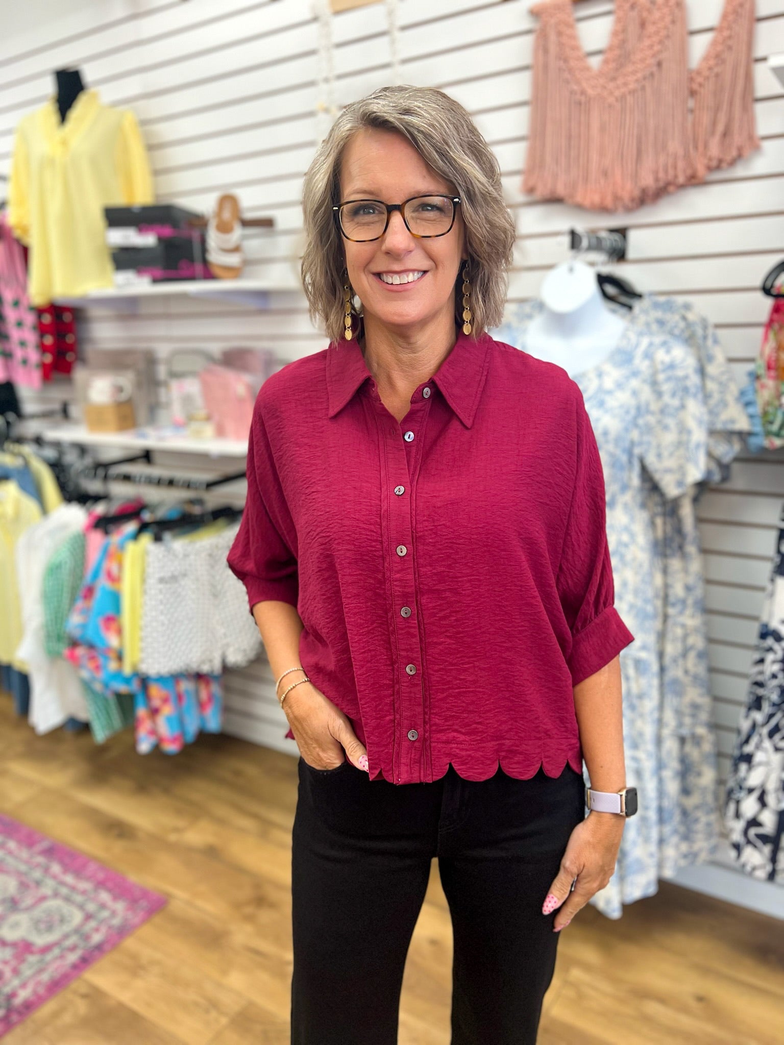 Burgundy Button Up Top with Scalloped Hem - A'Bekah's Boutique