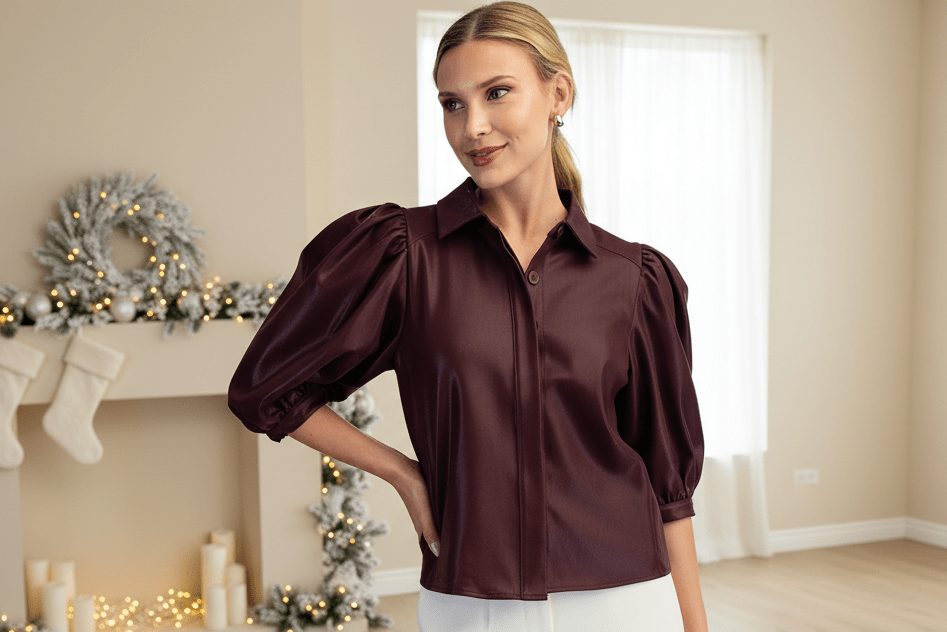 Burgundy Button Up Top with Short Puff Sleeves - A'Bekah's Boutique