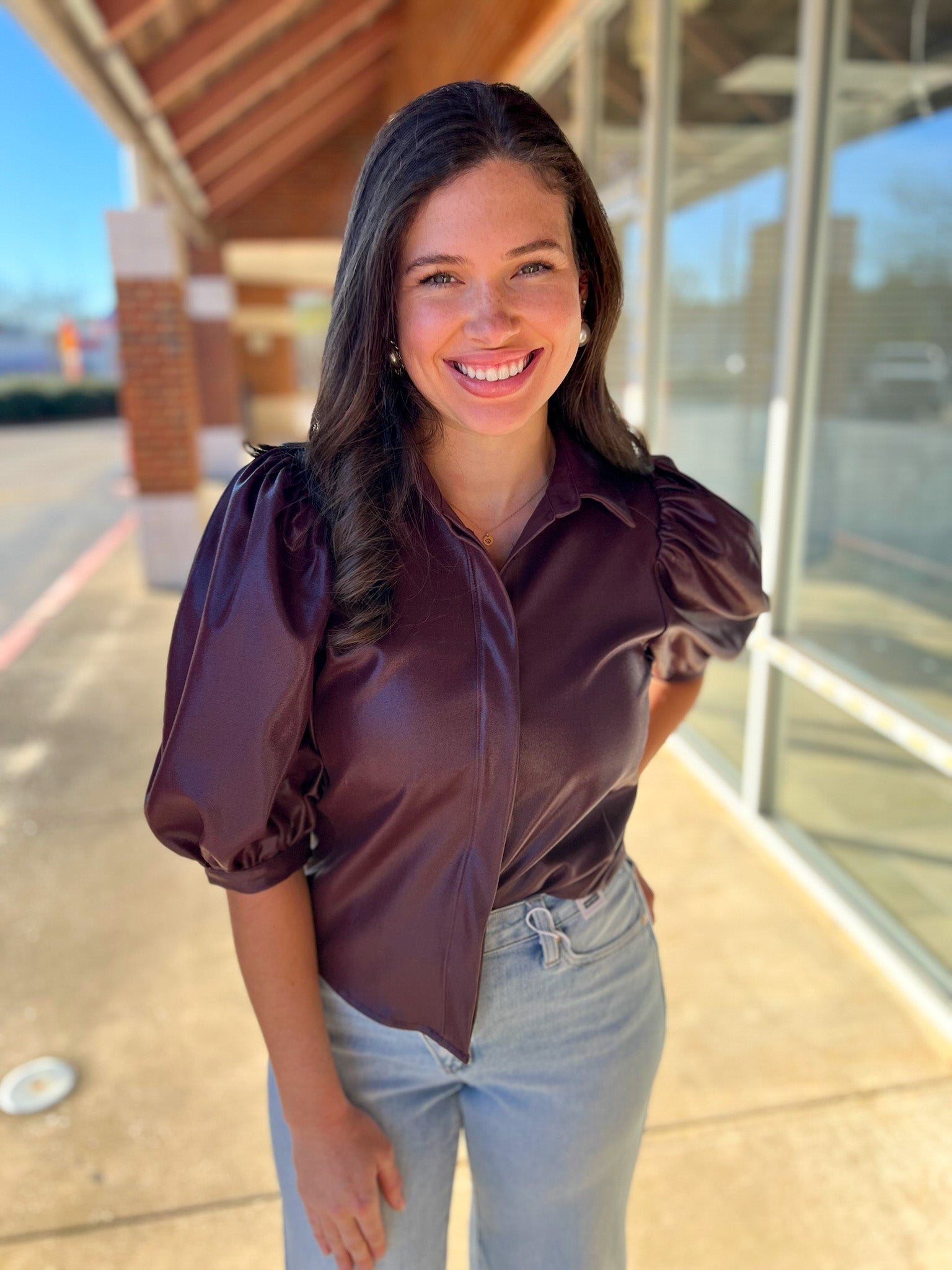 Burgundy Button Up Top with Short Puff Sleeves - A'Bekah's Boutique