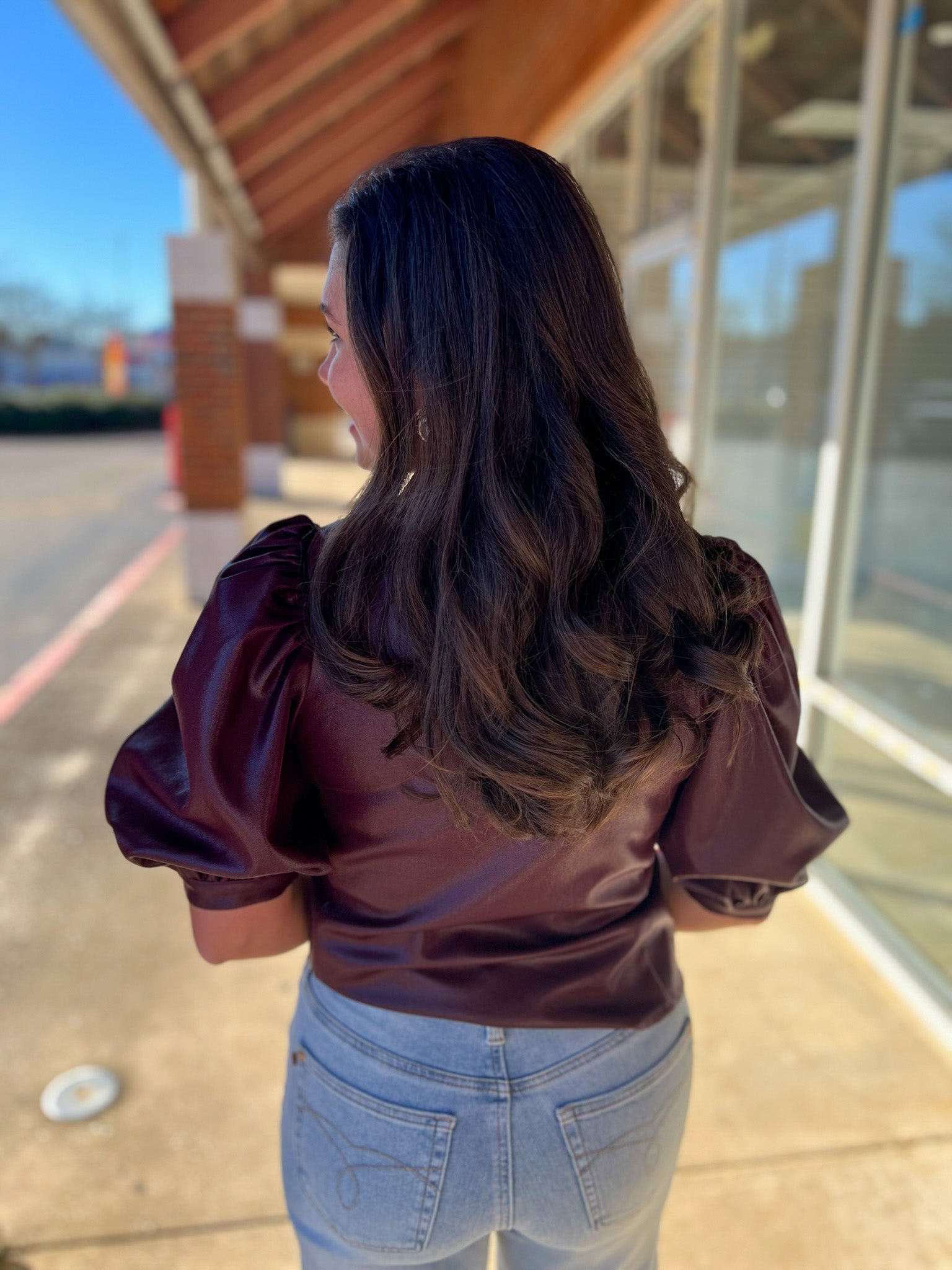 Burgundy Button Up Top with Short Puff Sleeves - A'Bekah's Boutique