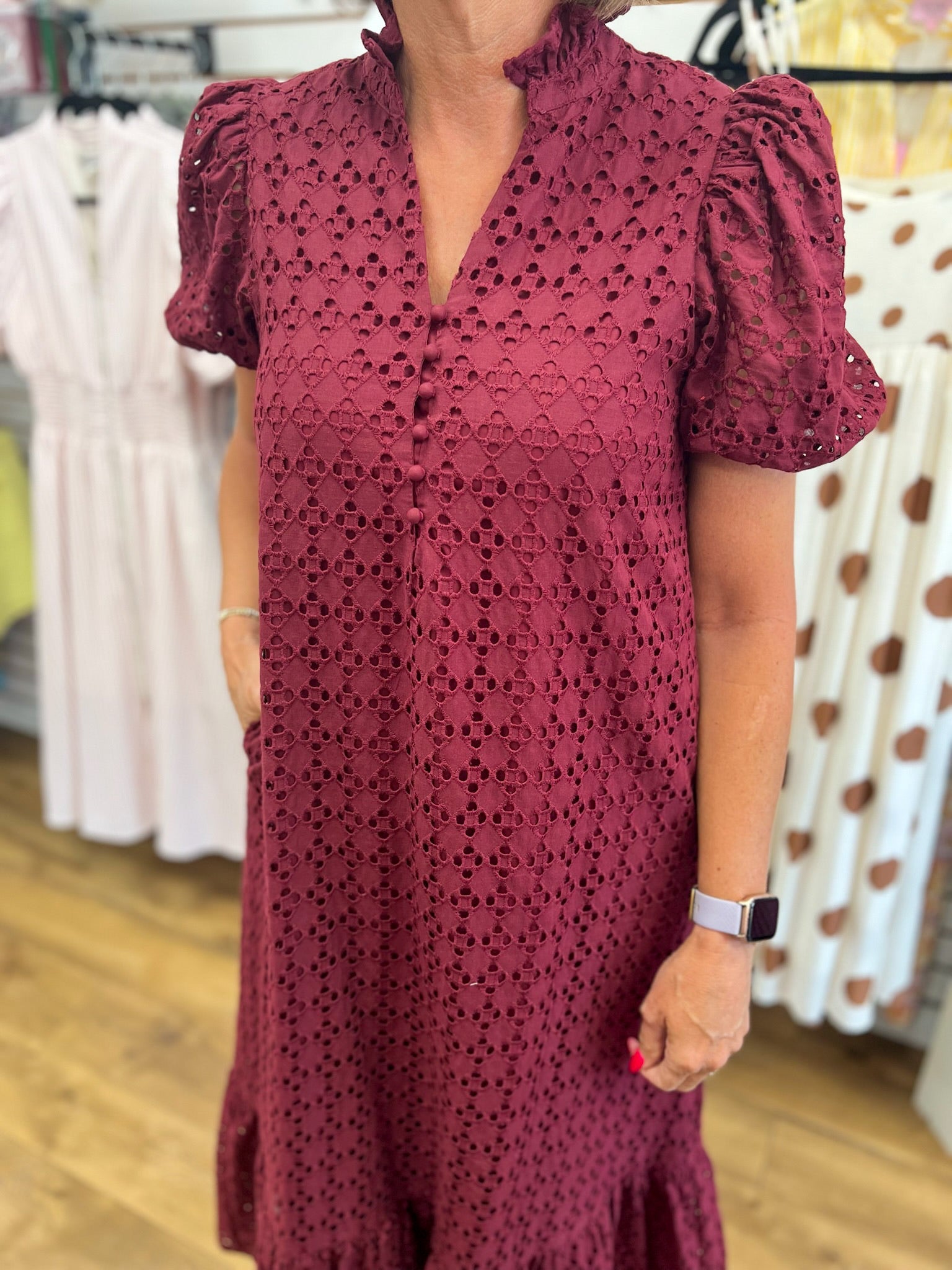Burgundy Eyelet Lace V-Neck Midi Dress with Short Puff Sleeves - A'Bekah's Boutique
