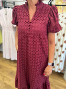 Burgundy Eyelet Lace V-Neck Midi Dress with Short Puff Sleeves - A'Bekah's Boutique