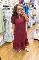 Burgundy Eyelet Lace V-Neck Midi Dress with Short Puff Sleeves - A'Bekah's Boutique