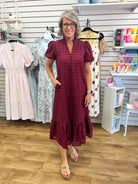 Burgundy Eyelet Lace V-Neck Midi Dress with Short Puff Sleeves - A'Bekah's Boutique