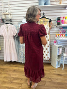 Burgundy Eyelet Lace V-Neck Midi Dress with Short Puff Sleeves - A'Bekah's Boutique