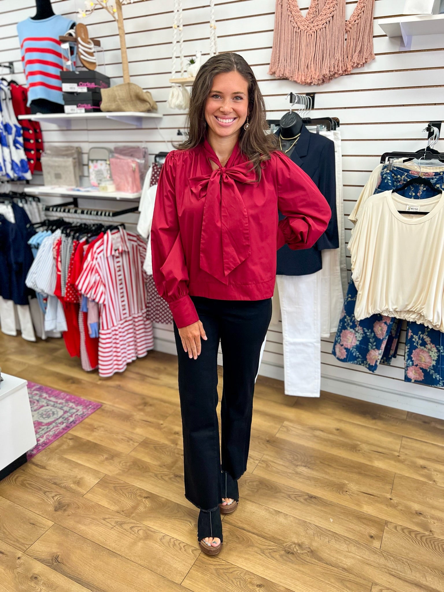 Burgundy Long Sleeve Top with Self-Tie Neckline - A'Bekah's Boutique