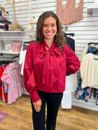 Burgundy Long Sleeve Top with Self-Tie Neckline - A'Bekah's Boutique