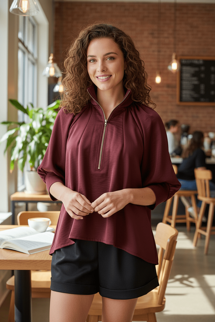 Burgundy Mock Neck Quarter Zip Top with Puff Sleeves - A'Bekah's Boutique