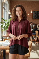 Burgundy Mock Neck Quarter Zip Top with Puff Sleeves - A'Bekah's Boutique