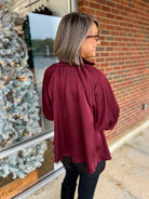 Burgundy Mock Neck Quarter Zip Top with Puff Sleeves - A'Bekah's Boutique