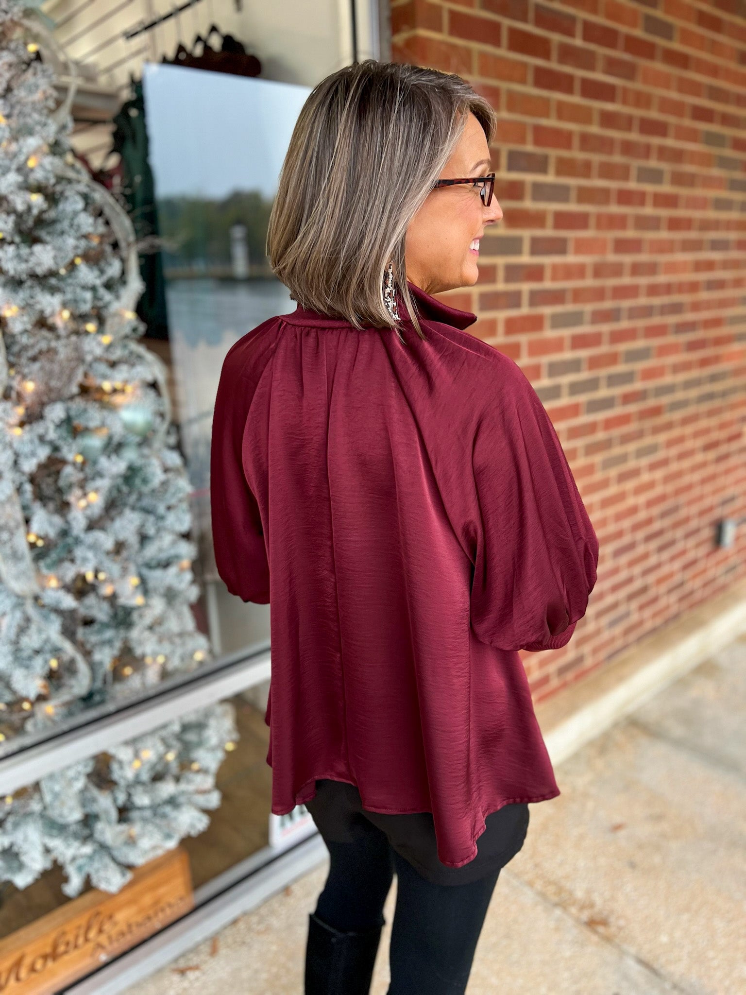 Burgundy Mock Neck Quarter Zip Top with Puff Sleeves - A'Bekah's Boutique