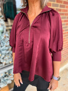 Burgundy Mock Neck Quarter Zip Top with Puff Sleeves - A'Bekah's Boutique