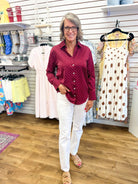 Burgundy Polka Dot Long Sleeve Button Up Top - A'Bekah's Boutique