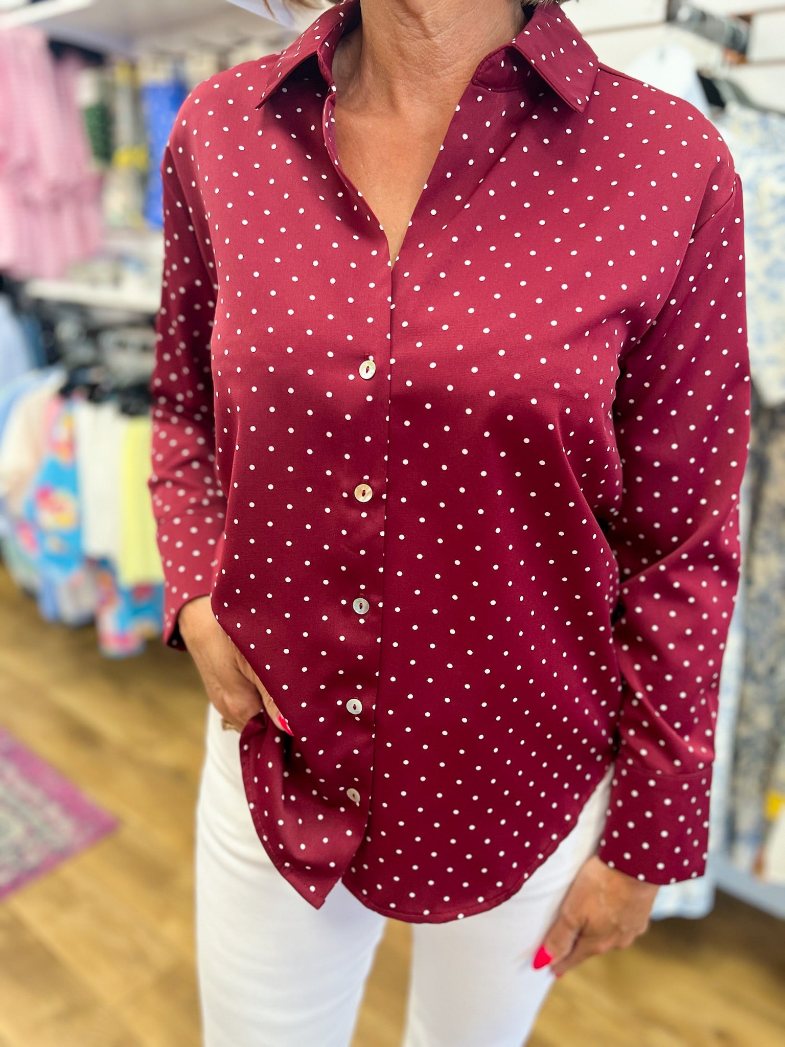 Burgundy Polka Dot Long Sleeve Button Up Top - A'Bekah's Boutique