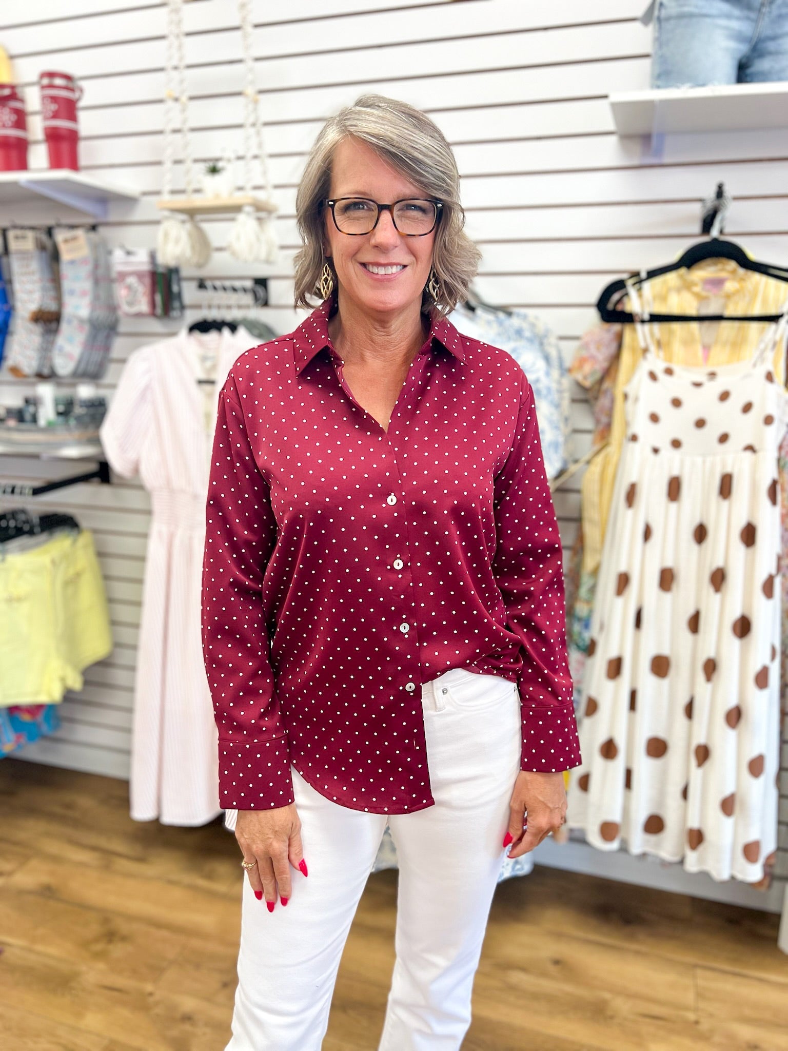 Burgundy Polka Dot Long Sleeve Button Up Top - A'Bekah's Boutique