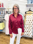 Burgundy Polka Dot Long Sleeve Button Up Top - A'Bekah's Boutique