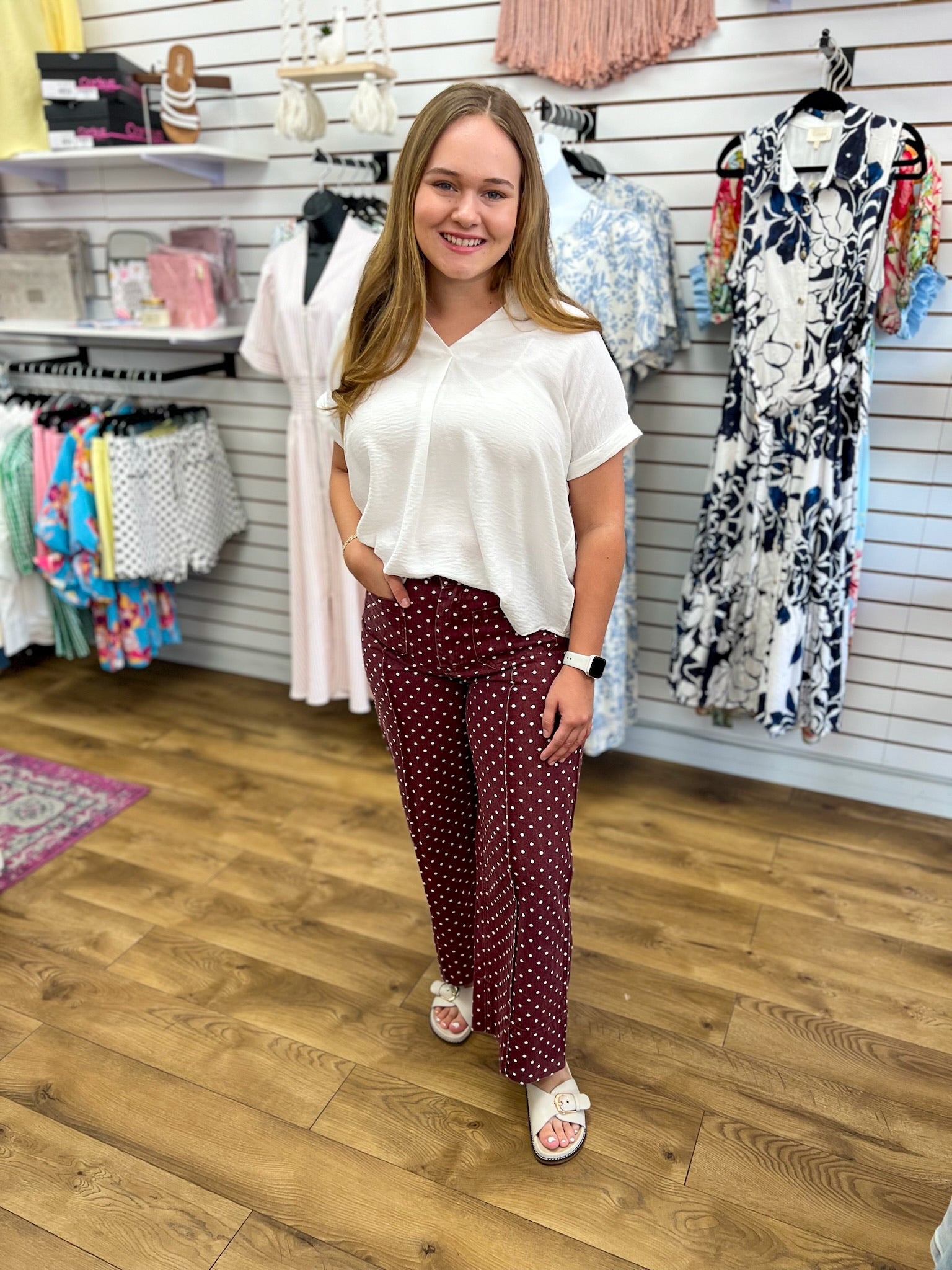 Burgundy Polka Dot Wide Leg Pants - A'Bekah's Boutique