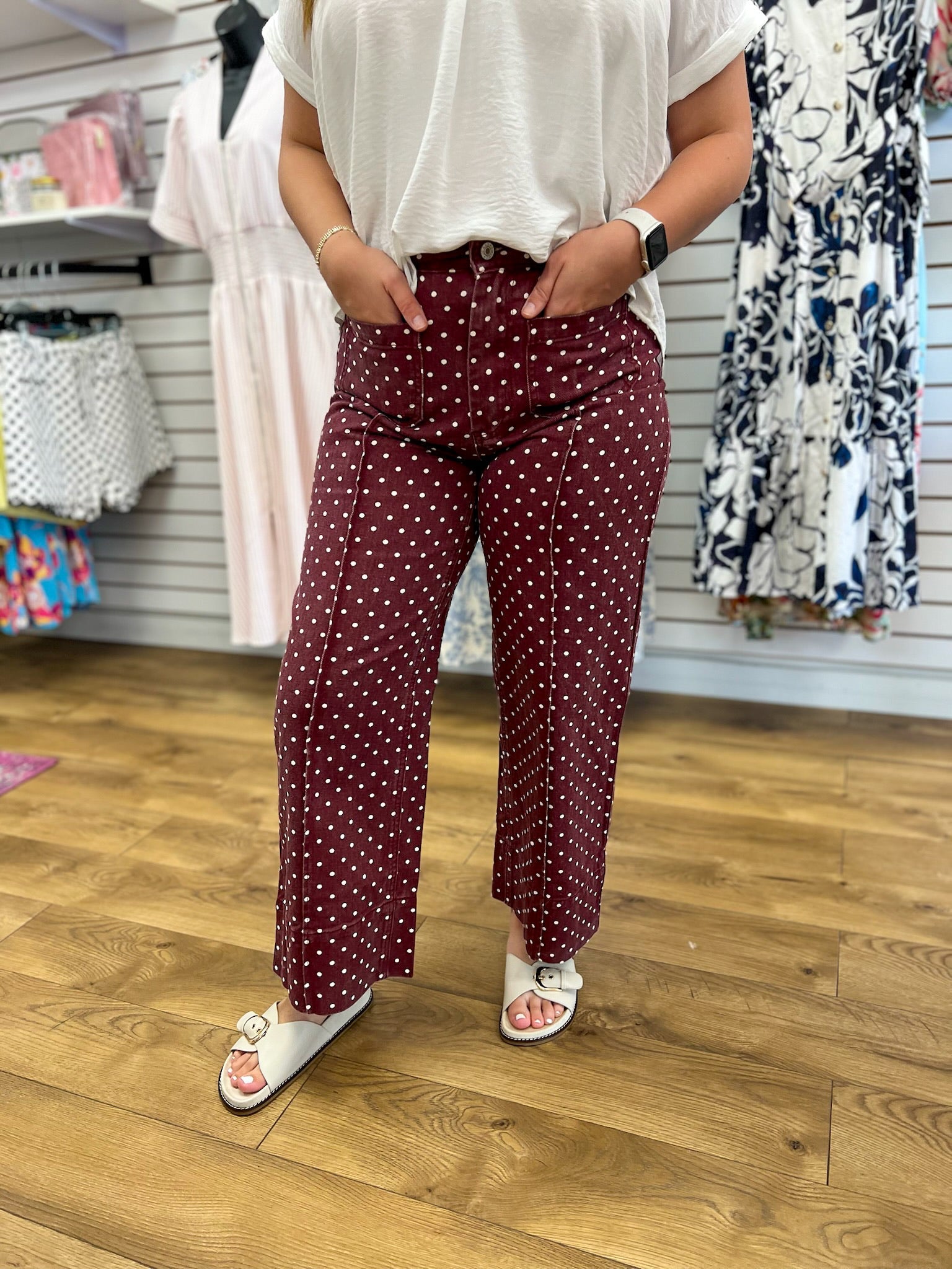 Burgundy Polka Dot Wide Leg Pants - A'Bekah's Boutique