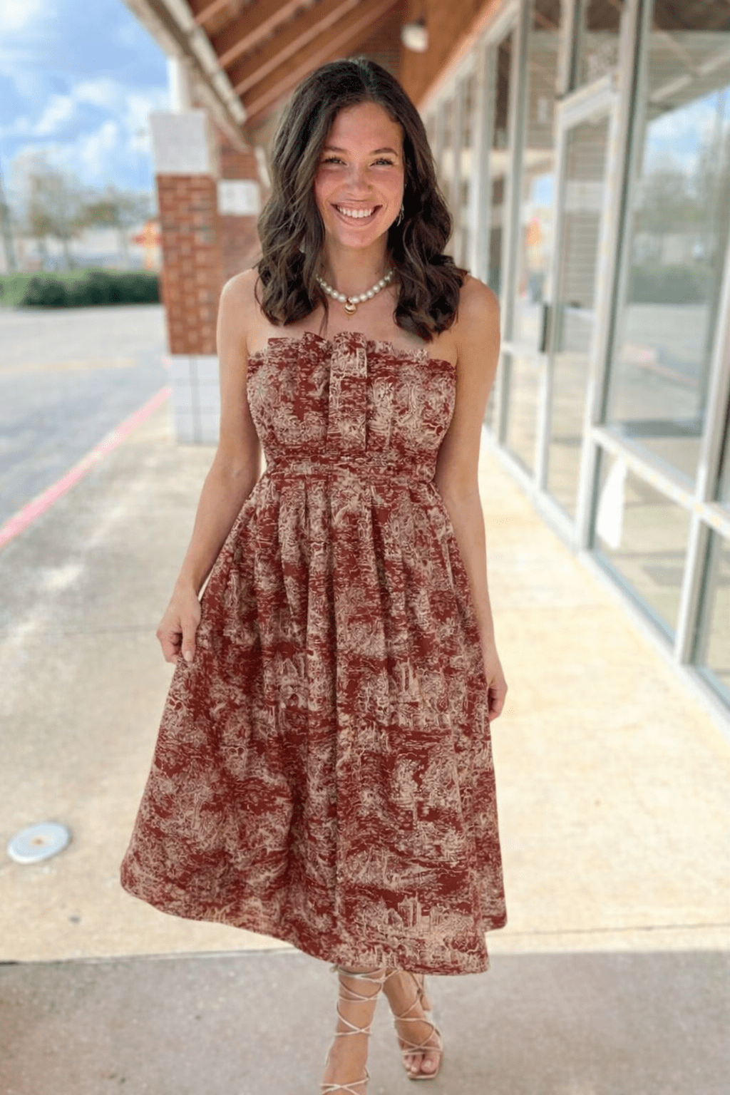 Burgundy Printed Strapless Midi Dress with Pleated Bodice - A'Bekah's Boutique