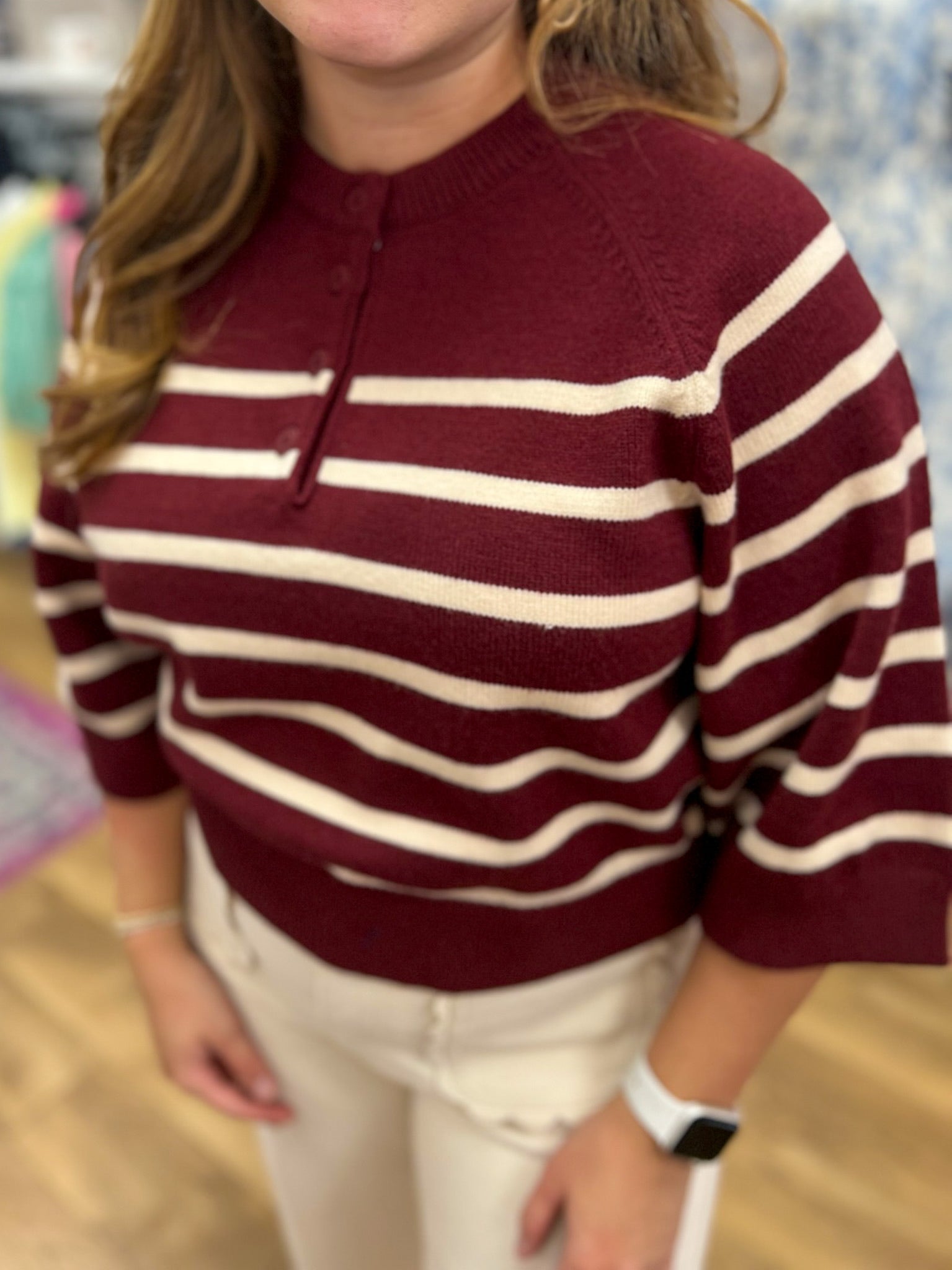 Burgundy Striped 3/4 Sleeve Sweater with Button Details - A'Bekah's Boutique
