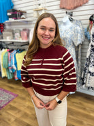 Burgundy Striped 3/4 Sleeve Sweater with Button Details - A'Bekah's Boutique