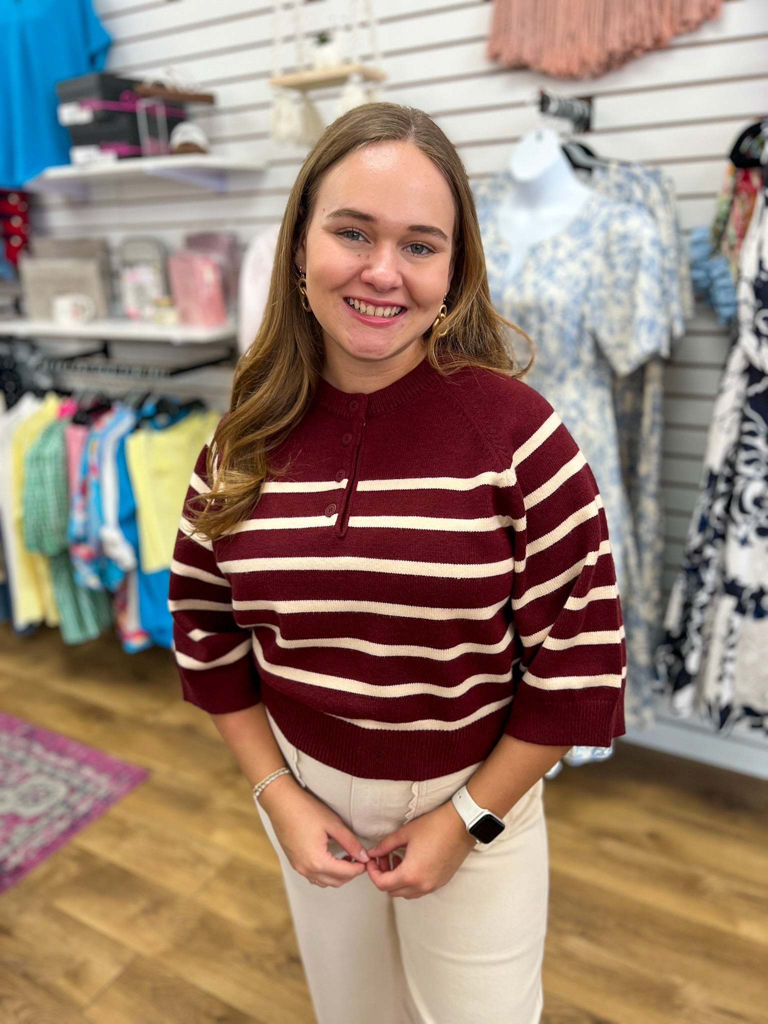 Burgundy Striped 3/4 Sleeve Sweater with Button Details - A'Bekah's Boutique