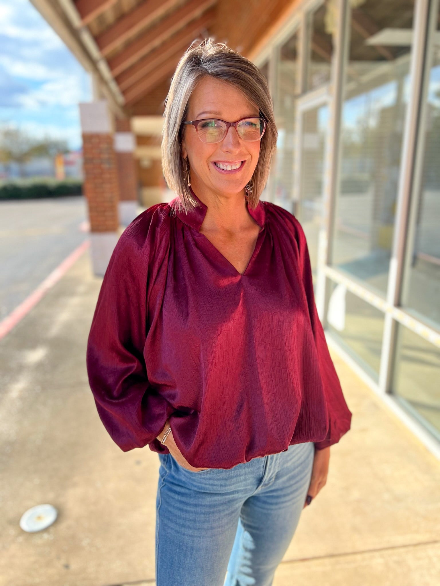 Burgundy V - Neck Top with Long Balloon Sleeves - A'Bekah's Boutique
