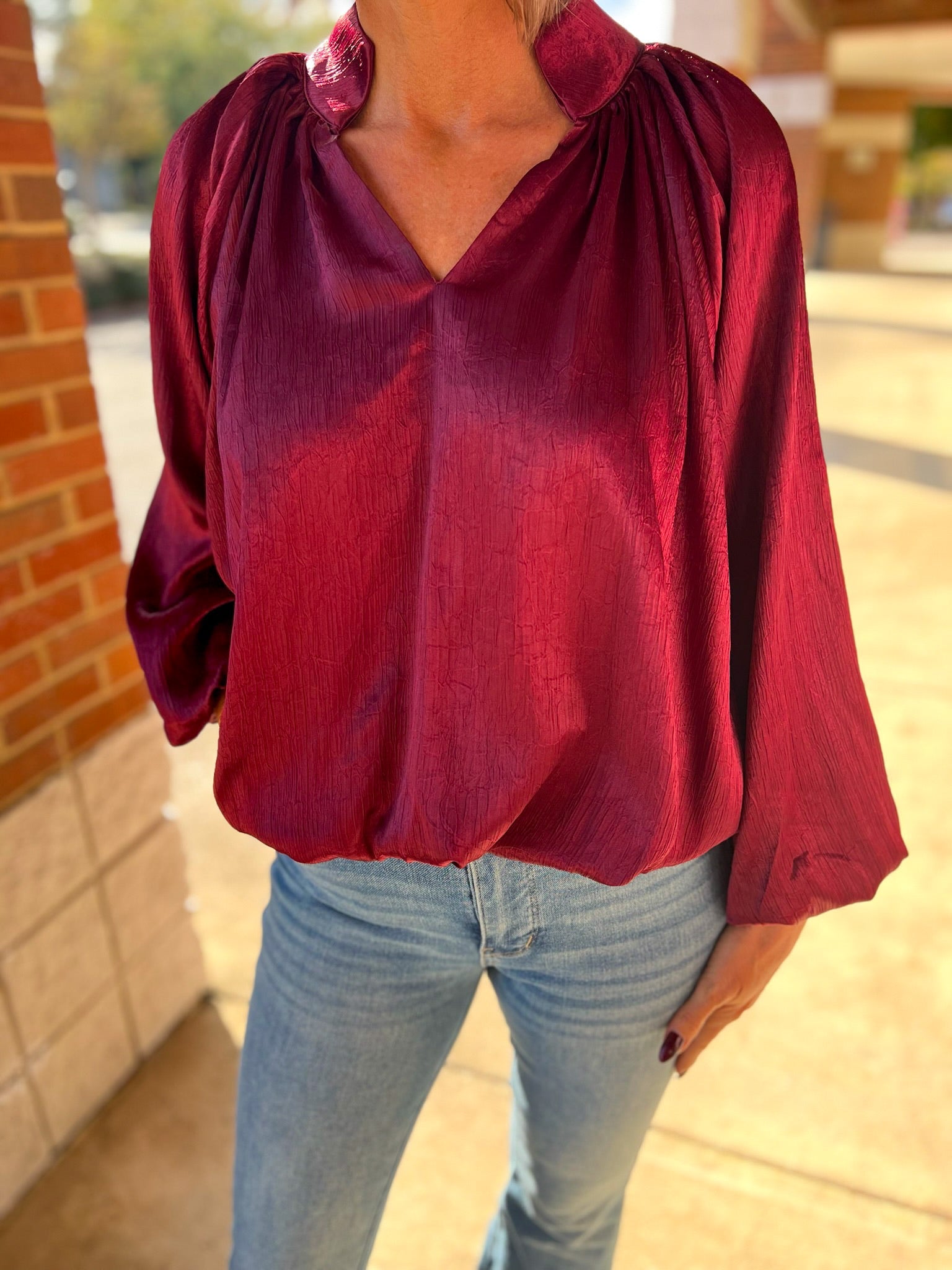 Burgundy V - Neck Top with Long Balloon Sleeves - A'Bekah's Boutique