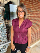 Burgundy V - Neck Zip Front Top with Smocked Waist - A'Bekah's Boutique
