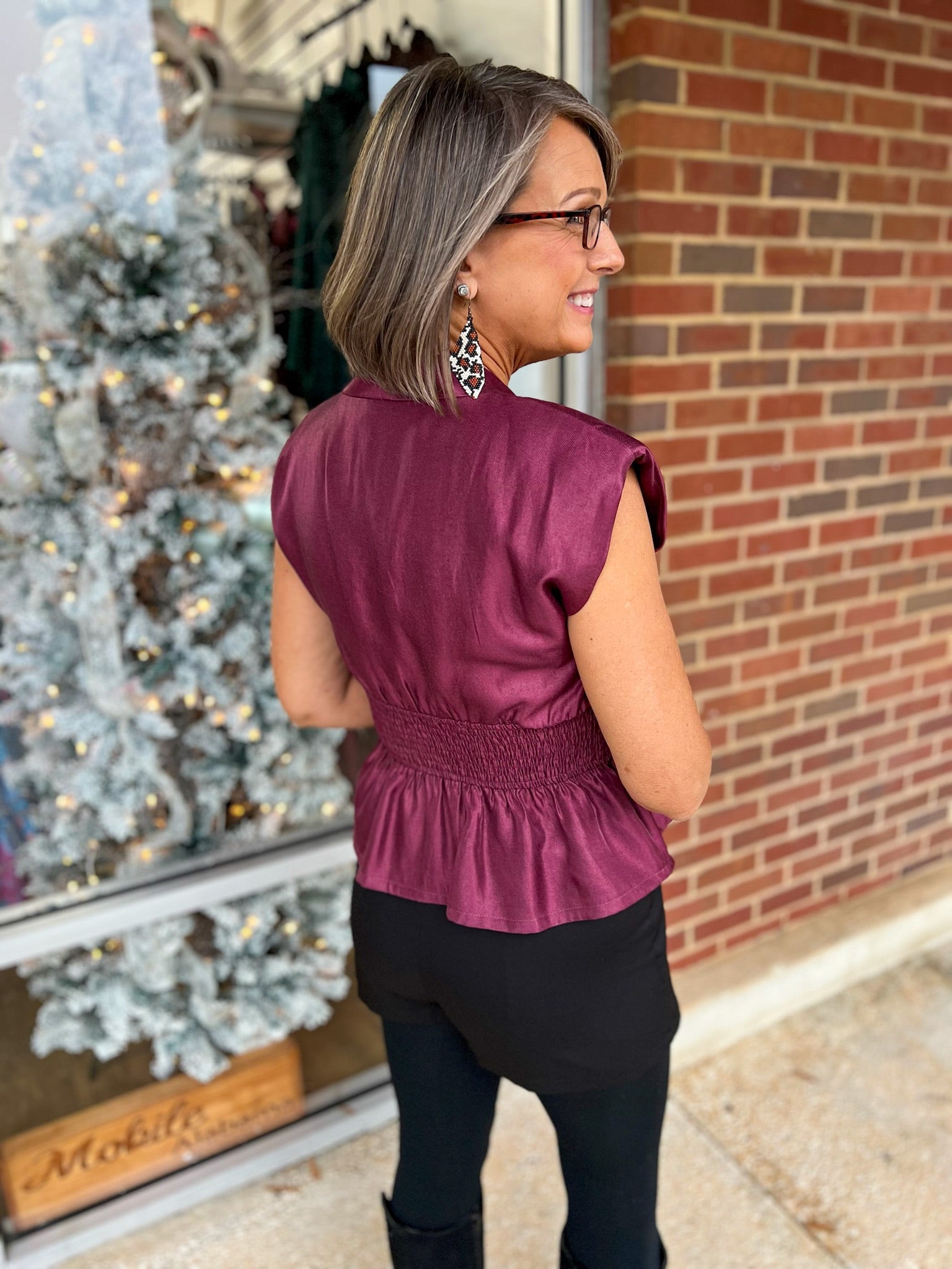 Burgundy V - Neck Zip Front Top with Smocked Waist - A'Bekah's Boutique
