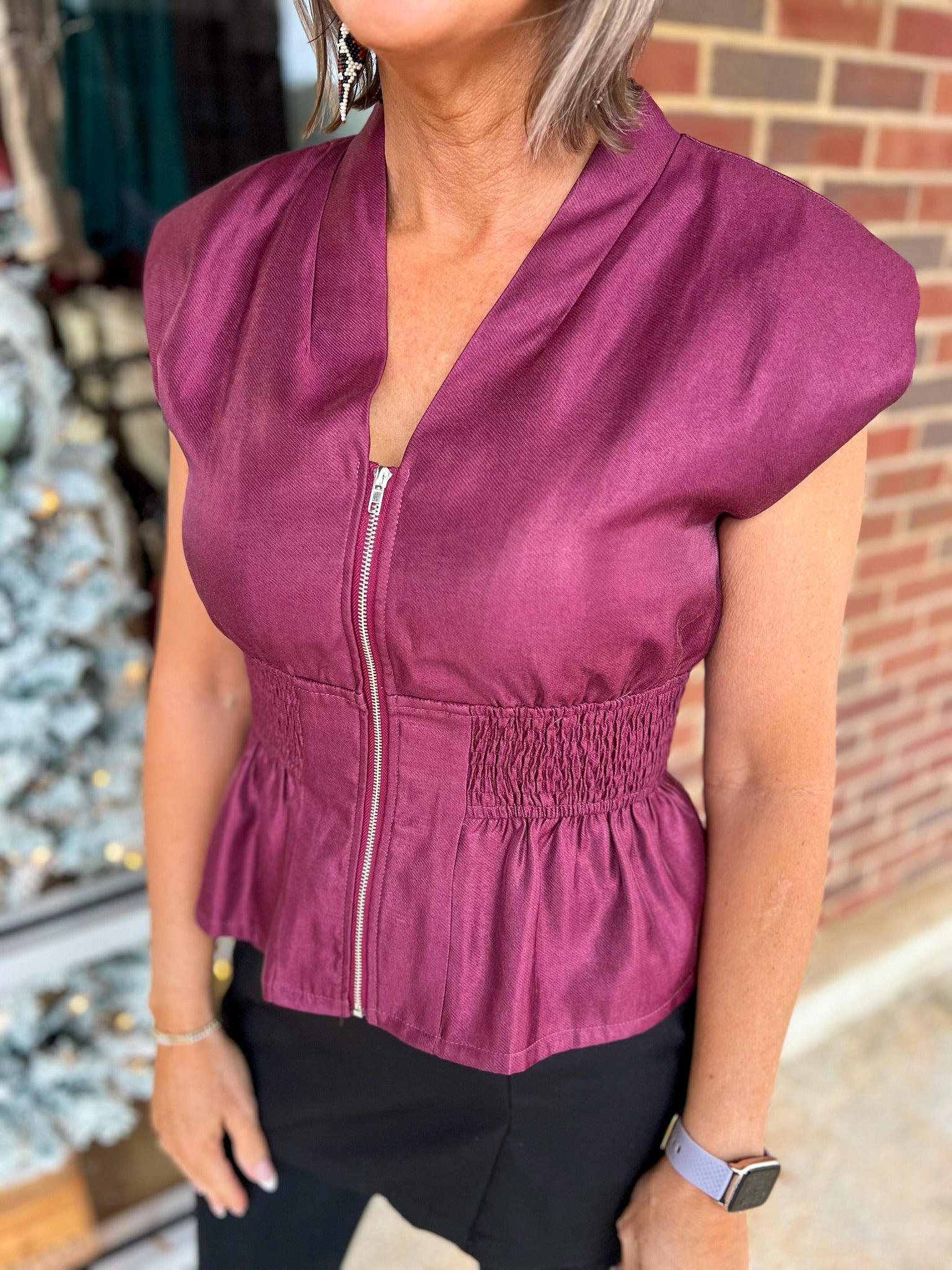 Burgundy V - Neck Zip Front Top with Smocked Waist - A'Bekah's Boutique