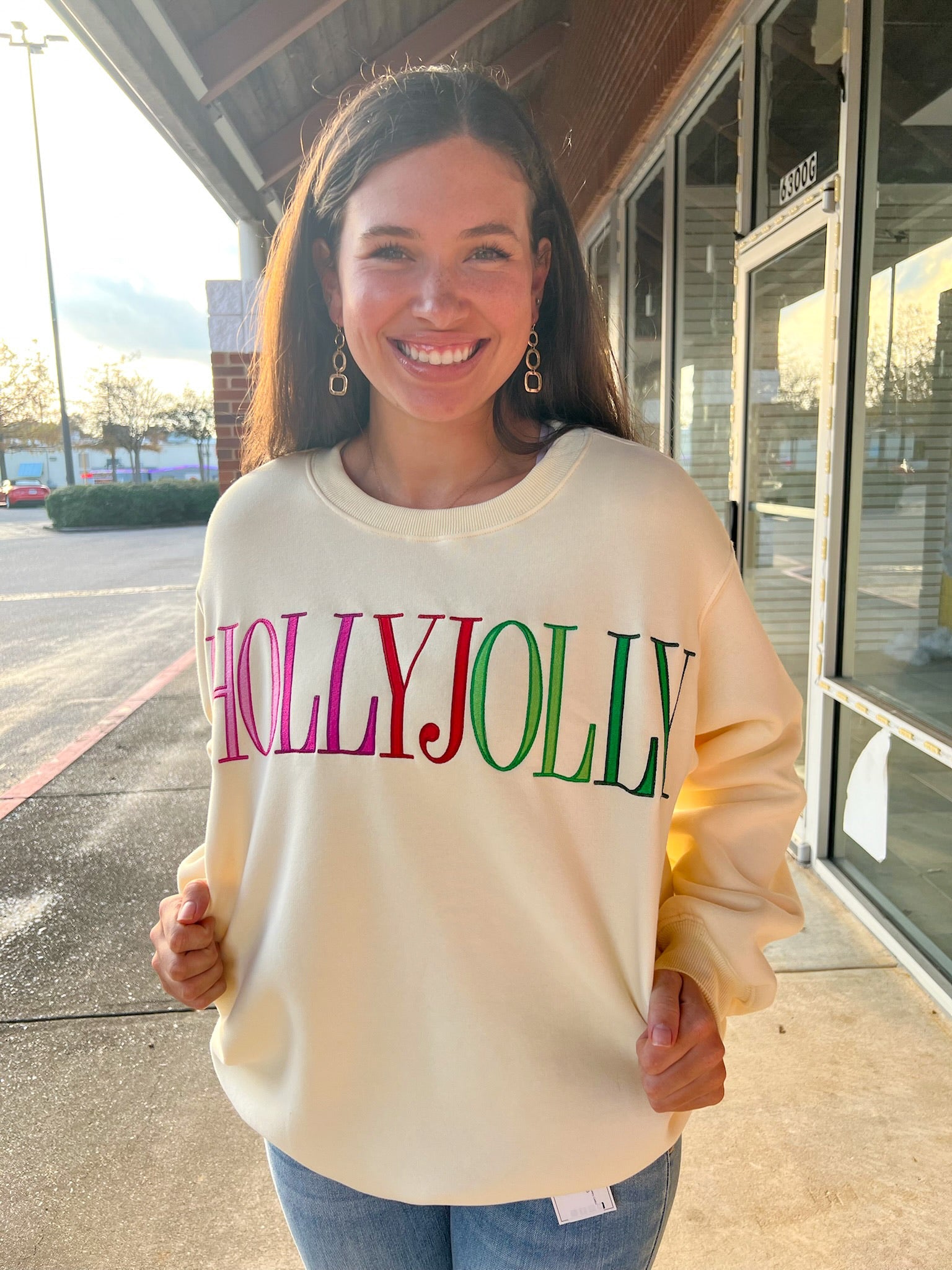Butter Yellow Embroidered Holly Jolly Christmas Sweatshirt - A'Bekah's Boutique