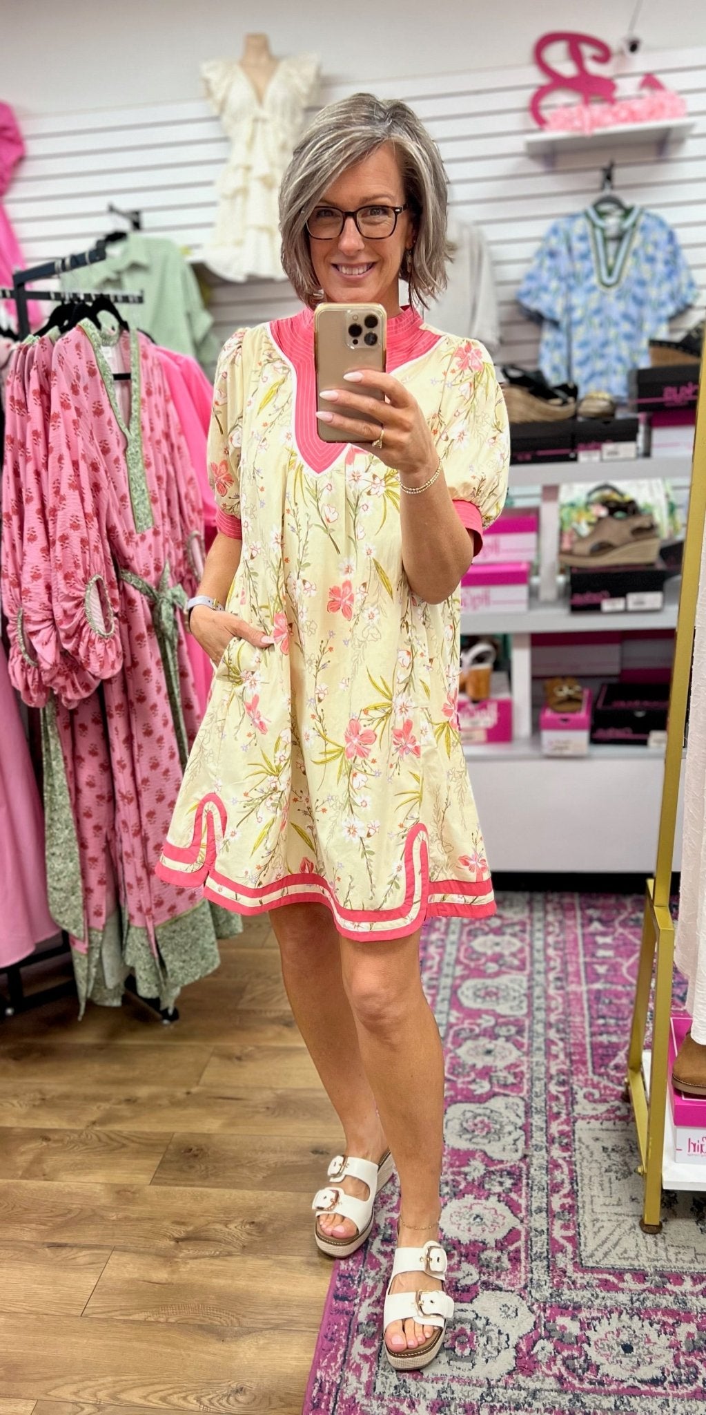 Butter Yellow V - Neck Dress with Pink Contrast Trim - A'Bekah's Boutique