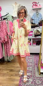 Butter Yellow V - Neck Dress with Pink Contrast Trim - A'Bekah's Boutique