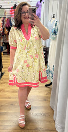 Butter Yellow V - Neck Dress with Pink Contrast Trim - A'Bekah's Boutique