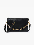 Black textured crossbody bag with gold chain handle and adjustable leather strap