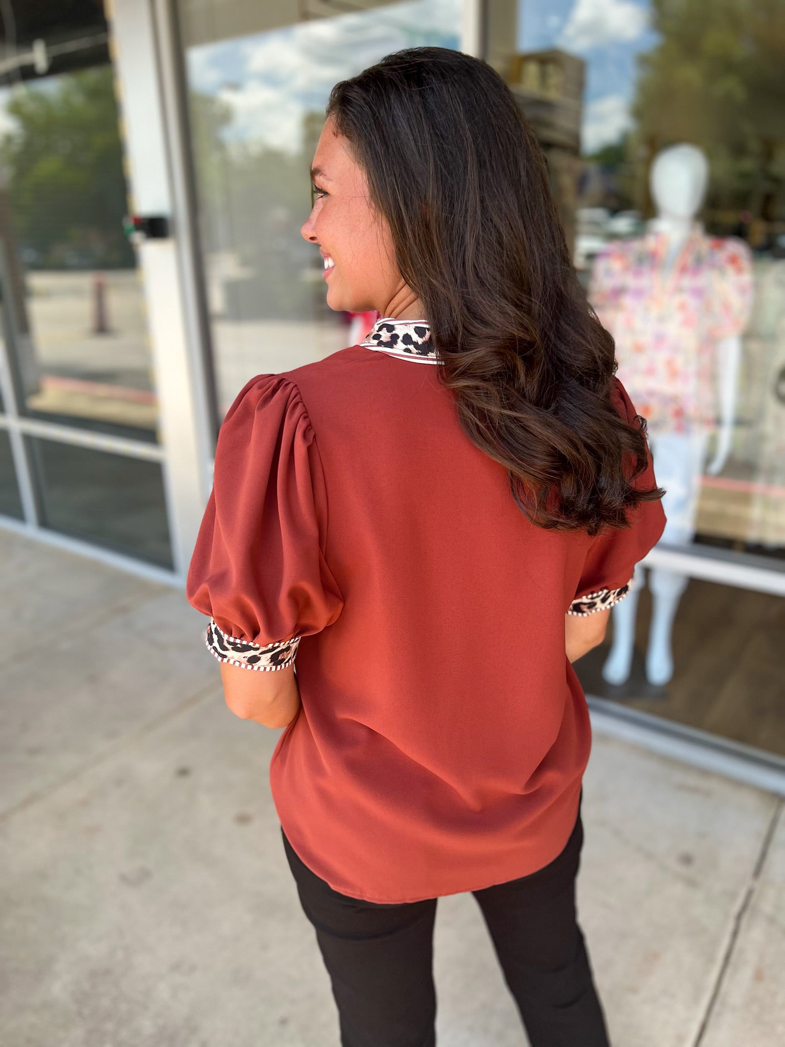 Call It Rust Button Up Top Leopard Trim - A'Bekah's Boutique