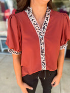 Call It Rust Button Up Top Leopard Trim - A'Bekah's Boutique
