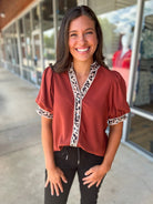 Call It Rust Button Up Top Leopard Trim - A'Bekah's Boutique