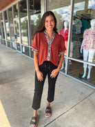 Call It Rust Button Up Top Leopard Trim - A'Bekah's Boutique