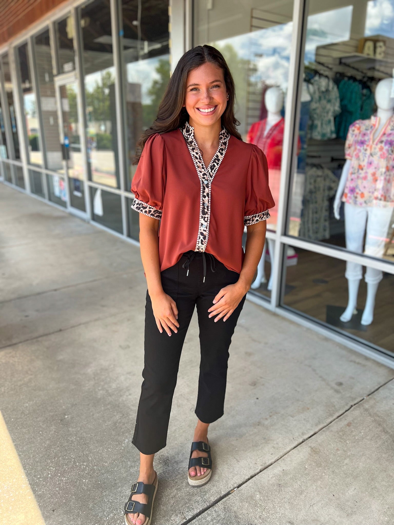 Call It Rust Button Up Top Leopard Trim - A'Bekah's Boutique