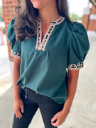 Call On You Hunter Green Top with Leopard Accent Trim (R) - A'Bekah's Boutique
