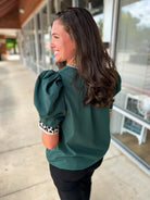 Call On You Hunter Green Top with Leopard Accent Trim (R) - A'Bekah's Boutique
